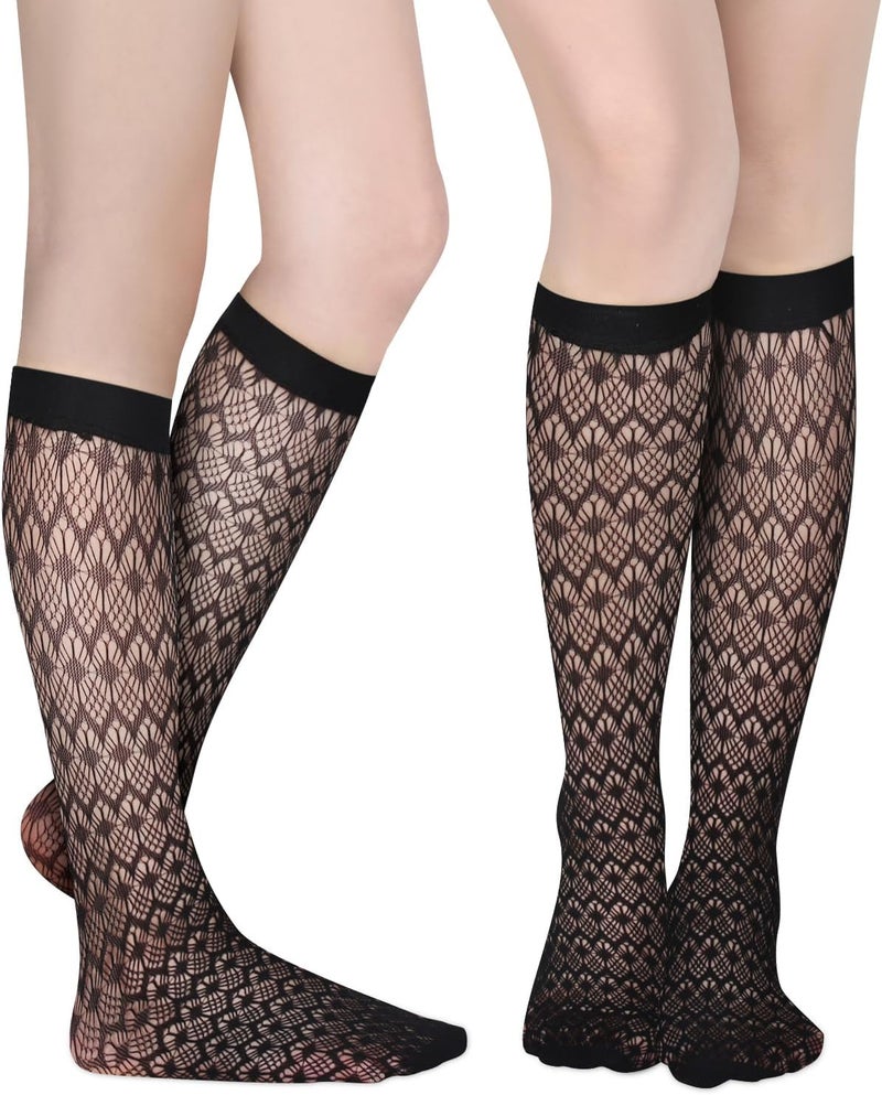Benefeet Sox Womens Fishnet Knee High Socks White Black Lace Mesh Sexy Stockings Hollow Out Sheer Tube Calf Sock - Image 2
